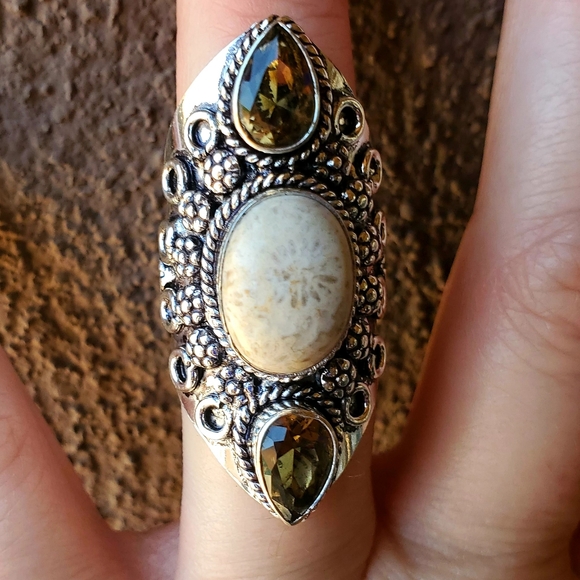 New Fossil Coral & Smoky Topaz 925 Silver Ring. - Picture 14 of 16